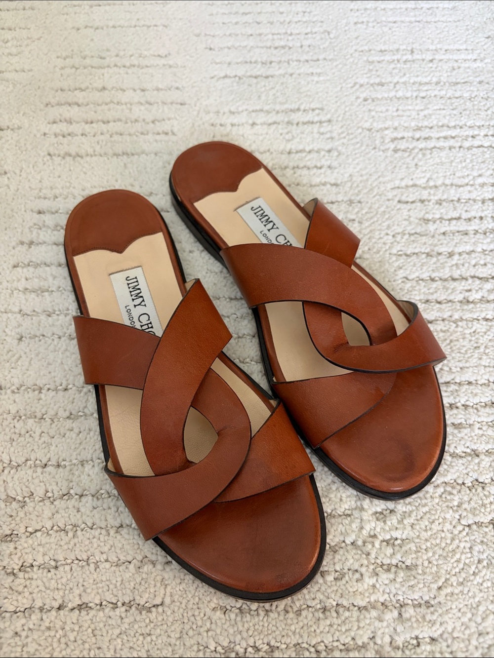 Jimmy Choo Tan Leather Crisscross Slide Sandals